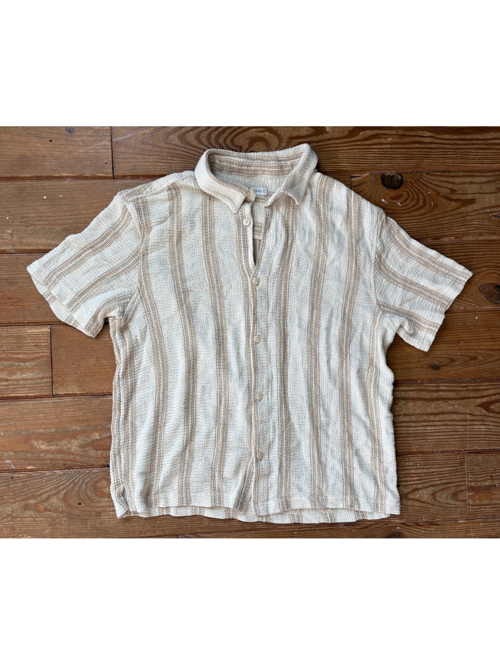 Zara Textured Knit Camp Collar Button Up Shirt Cream Tan Stripe Men’s XL